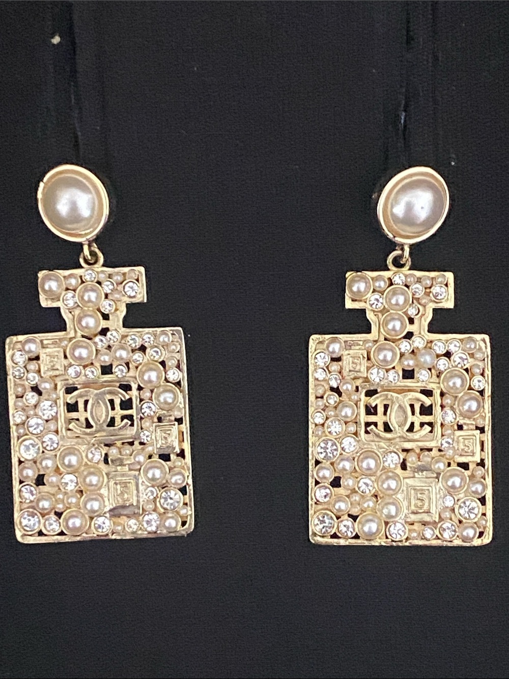 CHANEL Gold-Tone Crystal Perfume Bottle Drop Earrings with Pearl Studs
